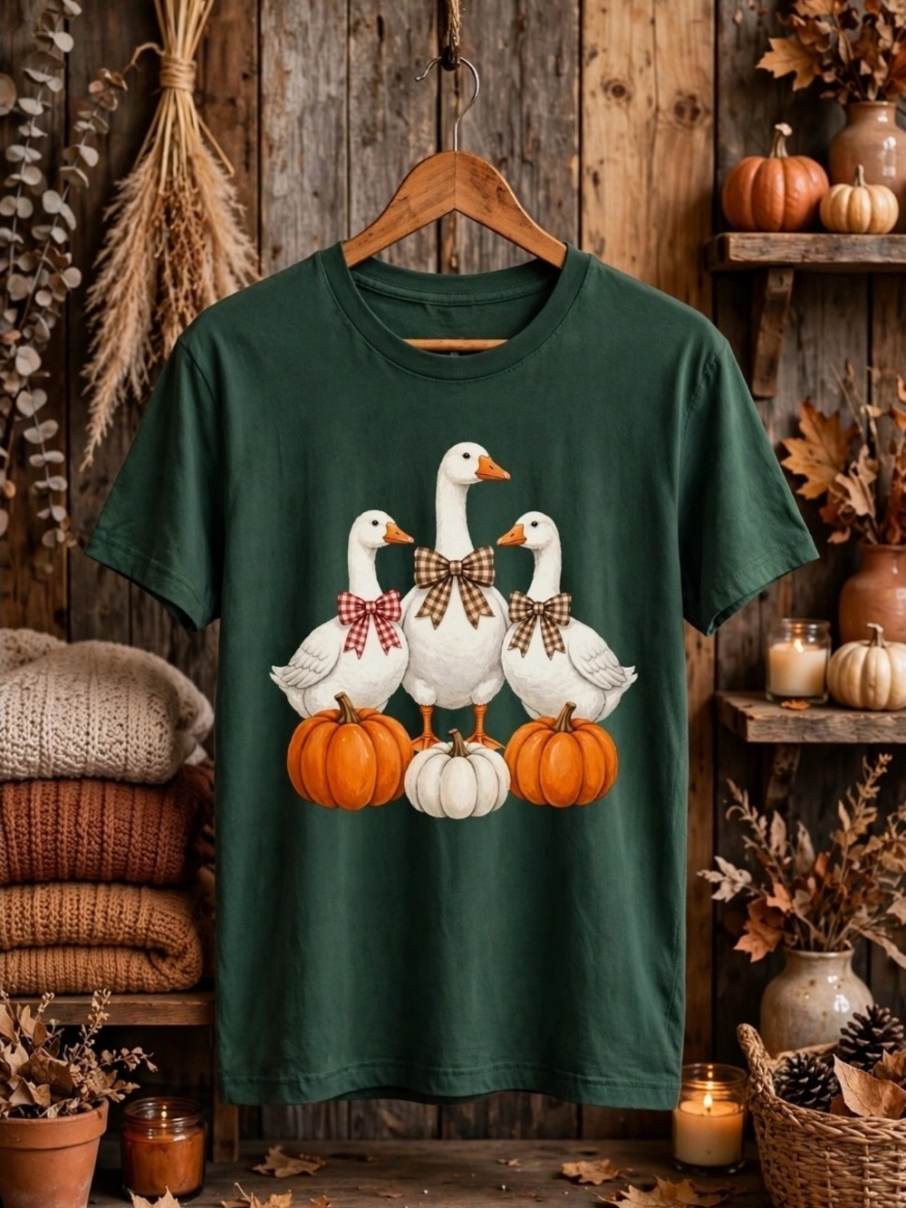 NWT Fall Goose Pumpkin Shirt Thanksgiving Bow Geese Graphic Tee Cottagecore